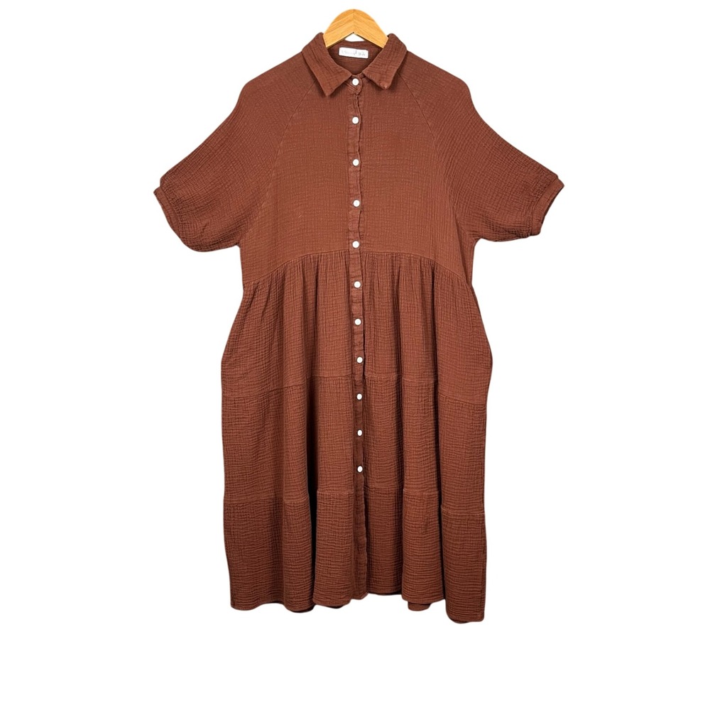 R.Vivimos Shirt Dress Womens L Chocolate Brown Cotton Gauze Coastal Pockets Boho